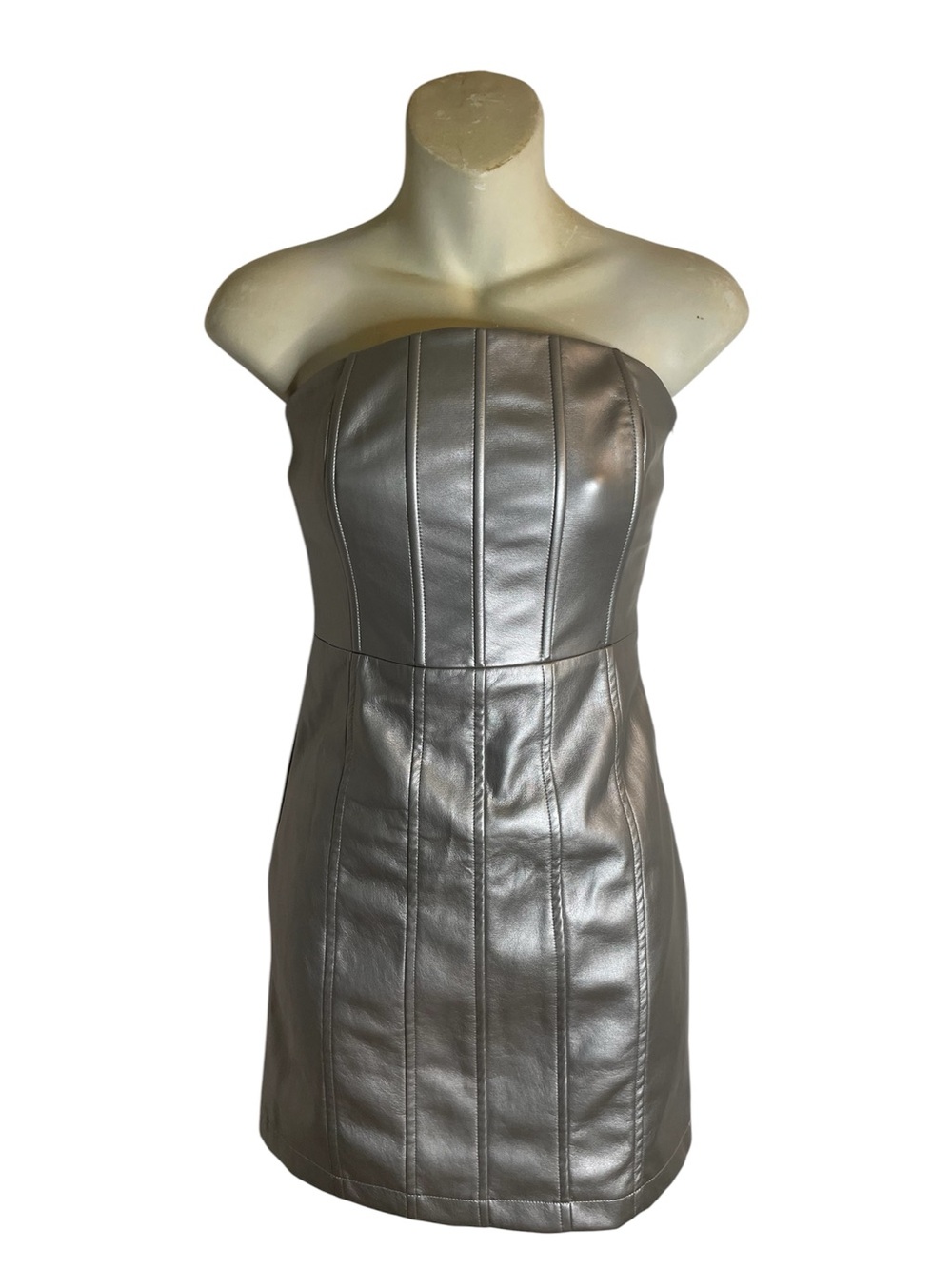 En Saison Silver Strapless Faux Leather Mini Dress Sloane Bodycon Size XS new